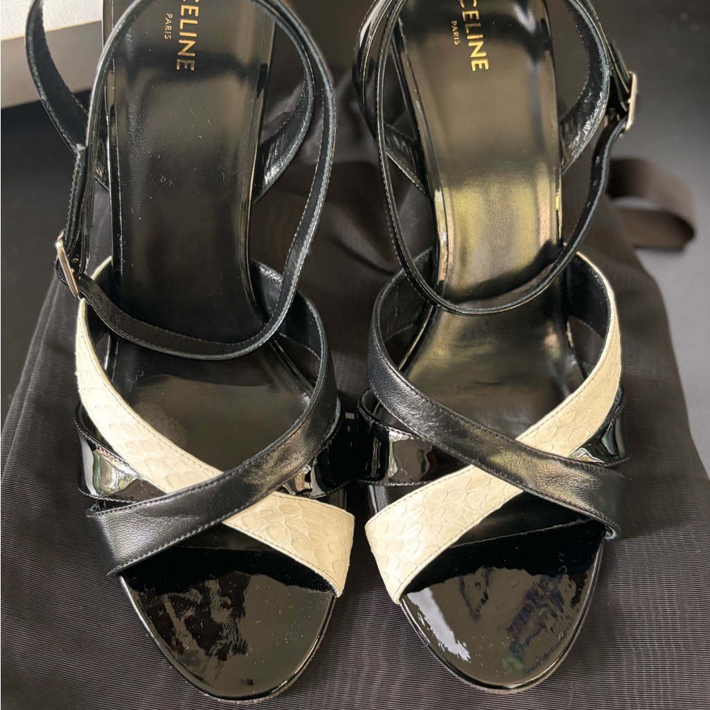 Nwt Celine Sharp Heeled Black And White Patent Sandal